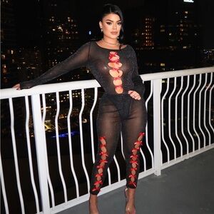 SPARKLE BOW MESH BODY SUIT LEGGINGS SET - black / red combo
